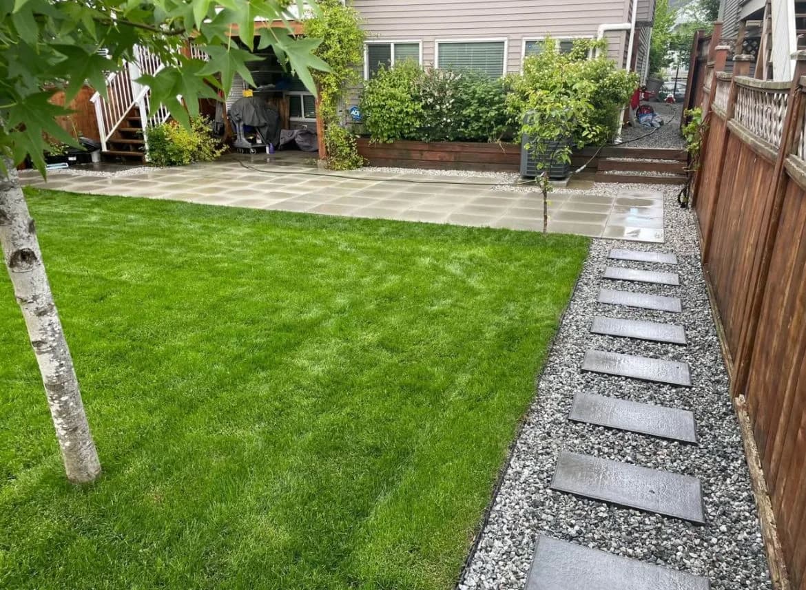Green backyard lawn framed by gravel paths, trees, and a concrete patio