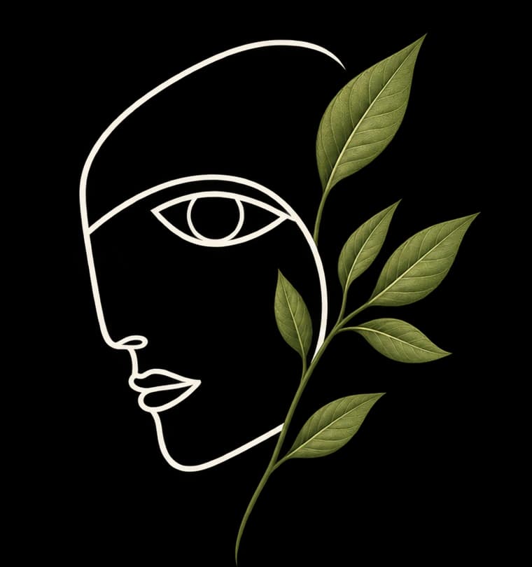 Picasso face and botanical leaf symbol